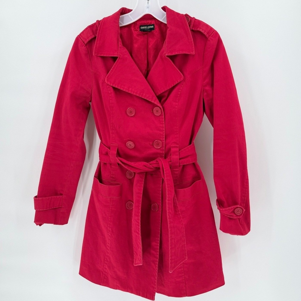 GUESS JEANS Red Trench Coat Women's Small Belted Double Breasted Cotton